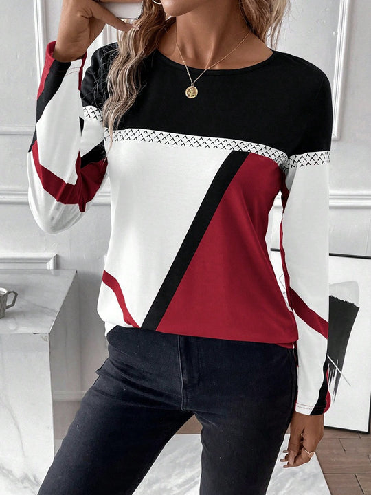 Damen Langarmshirt mit geometrischem Blockprint und Rundhalsausschnitt Shop Nory