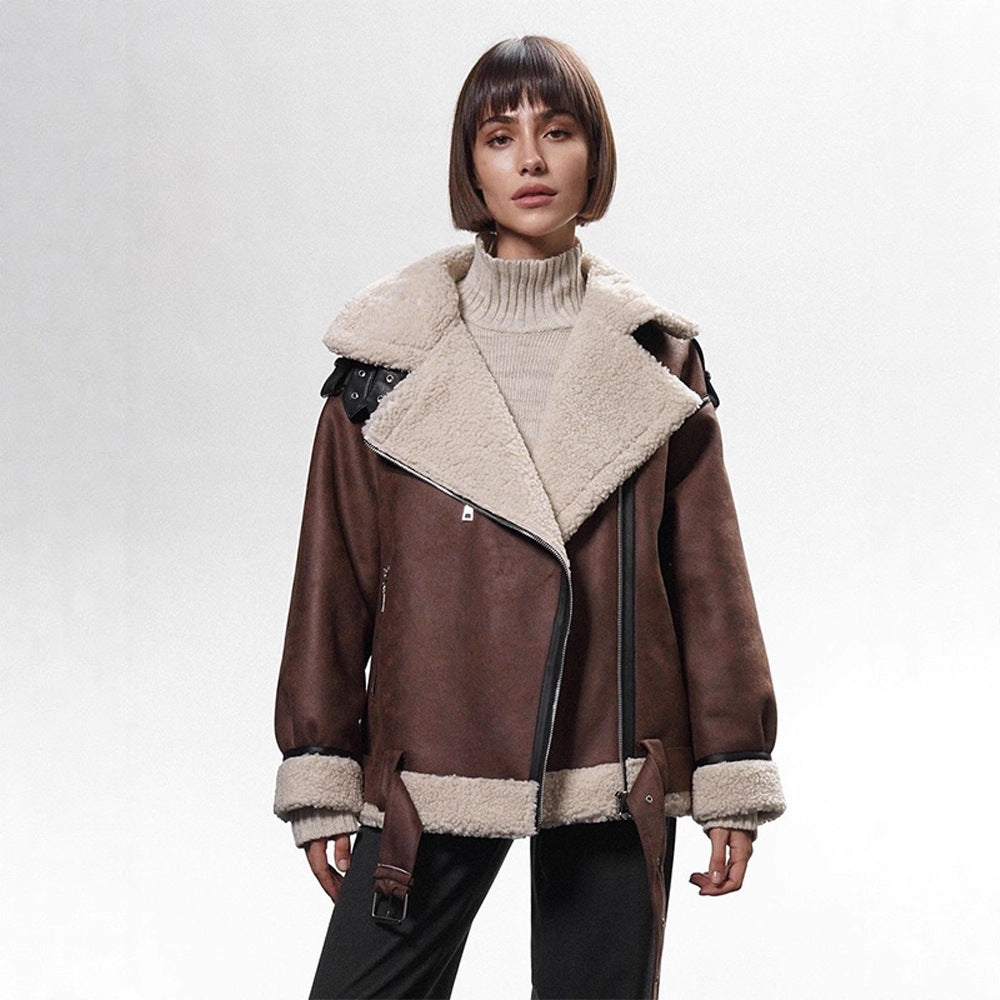 Damen Oversized Bikerjacke mit Teddyfell-Futter und verstellbaren Gürteln Shop Nory