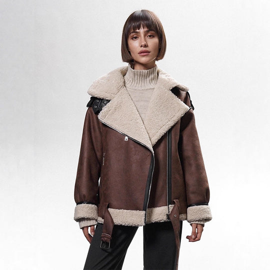 Damen Oversized Bikerjacke mit Teddyfell-Futter und verstellbaren Gürteln Shop Nory