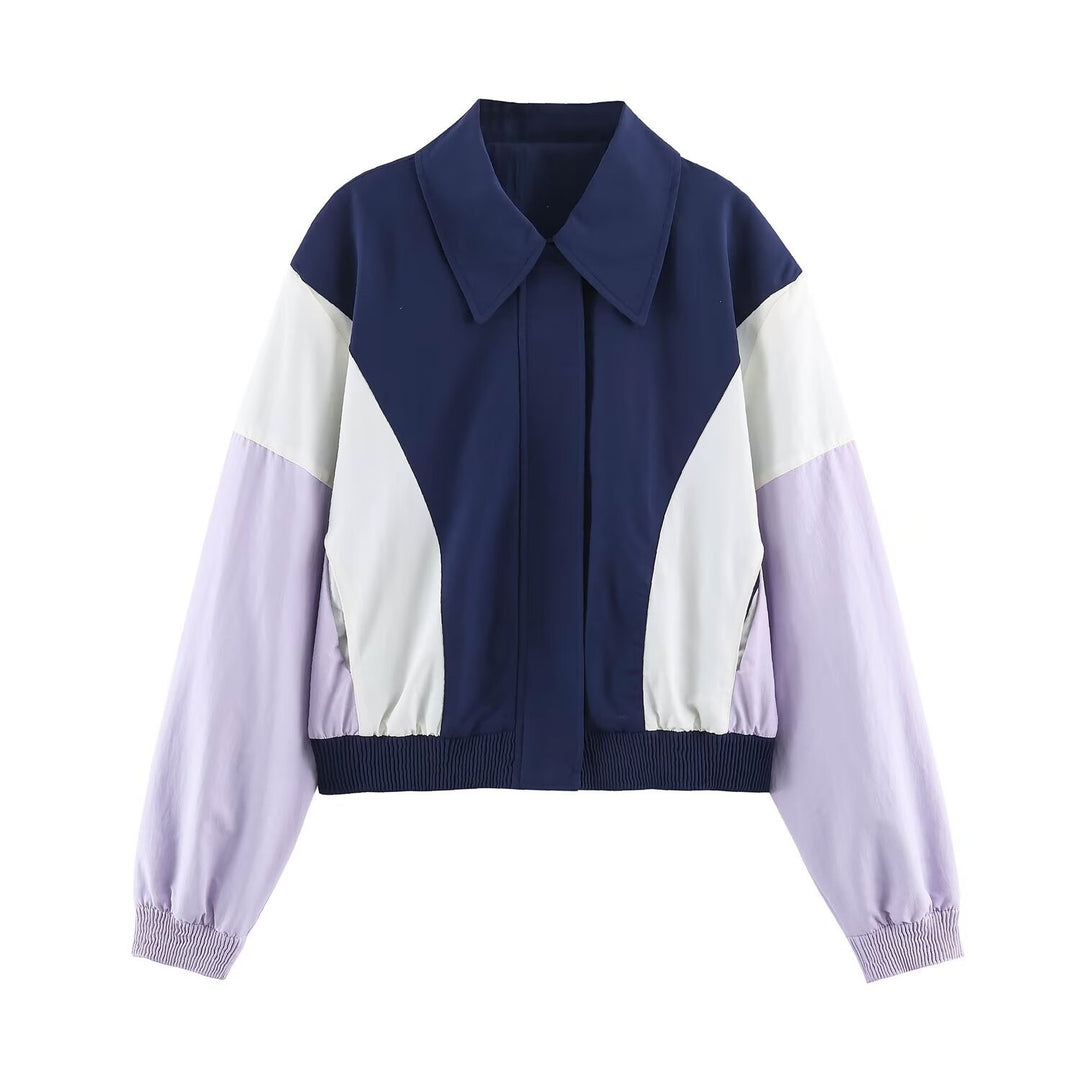 Damen Cropped Colorblock-Bomberjacke mit übergroßem Hemdkragen und elastischem Saum Shop Nory