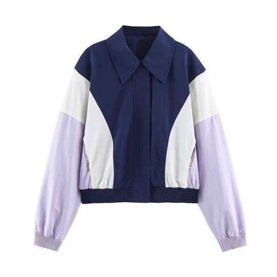 Damen Cropped Colorblock-Bomberjacke mit übergroßem Hemdkragen und elastischem Saum Shop Nory