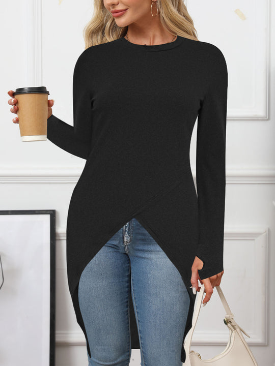 Damen Langes asymmetrisches Tunika-Top mit überlappender Vorderseite und Seitenschlitzen Shop Nory