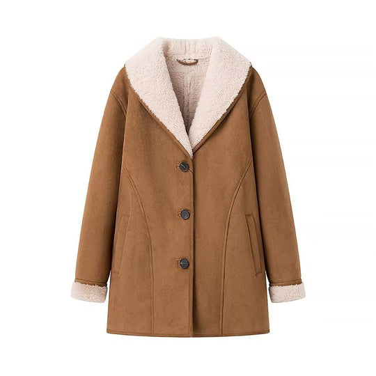 Damen Midimantel aus Lammfellimitat mit voluminösem Schalkragen und Knopfverschluss Shop Nory