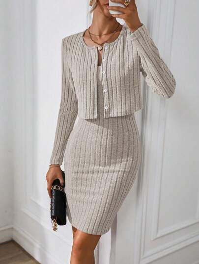 Damen Figurbetontes geripptes Strick-Zweiteiler mit Kurzcardigan und Bleistiftrock Shop Nory