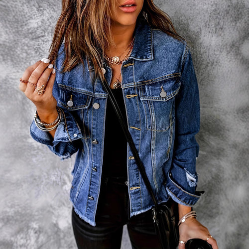Damen Kurz geschnittene Denim-Jacke im Trucker‑Stil mit Fransenbesatz Shop Nory