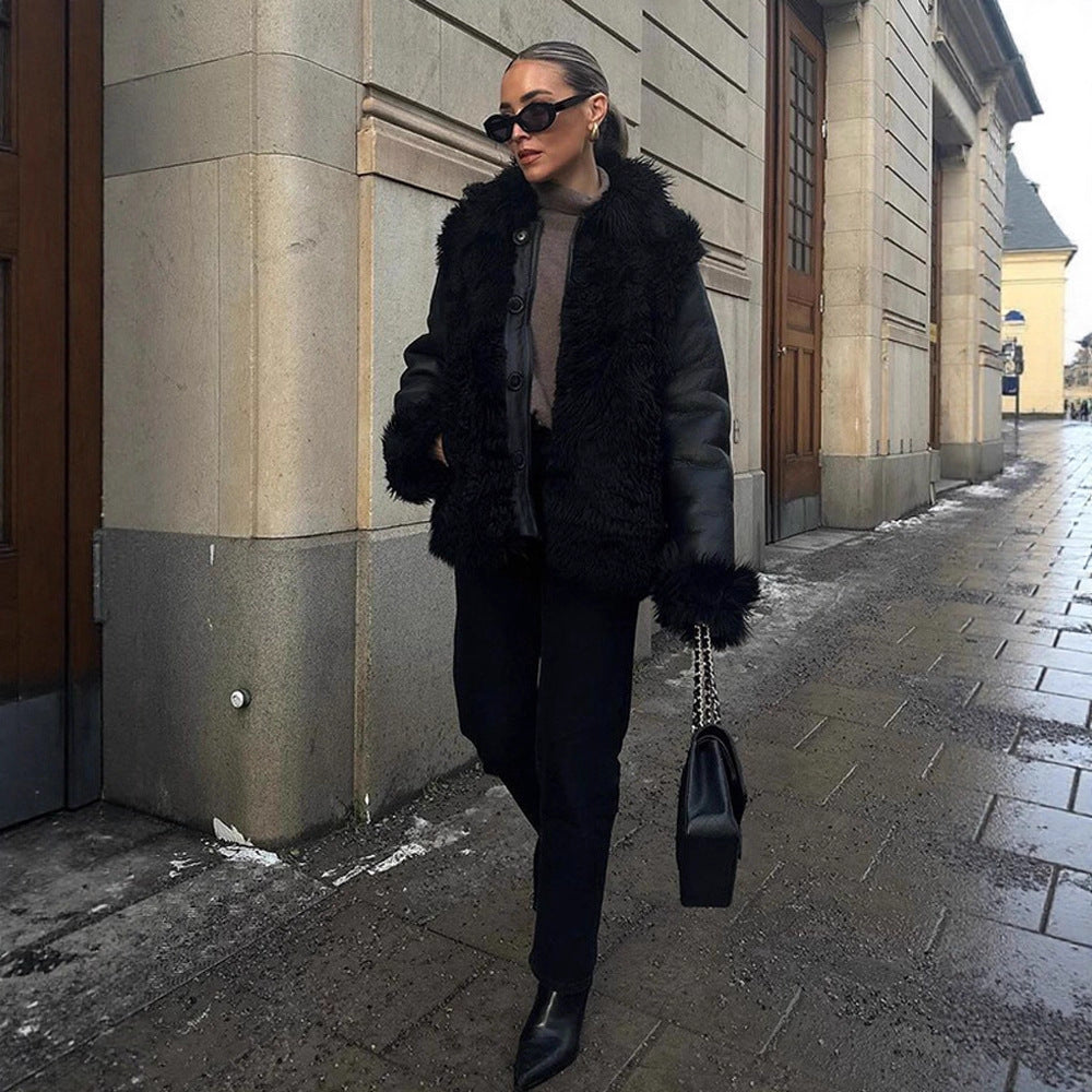 Damen Oversize Kunstleder-Mantel im Aviator-Stil mit voluminösem Faux-Fur-Kragen und Teddybündchen Shop Nory