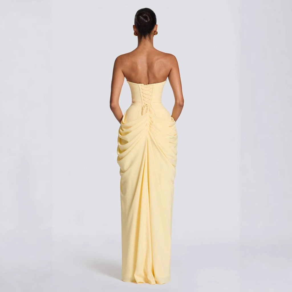 Damen Elegantes Langarm Abendkleid mit asymmetrischer Drapierung und schmalem Schlitz ShopNory