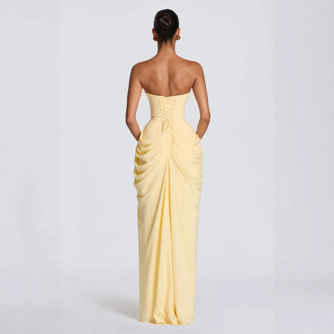 Damen Elegantes Langarm Abendkleid mit asymmetrischer Drapierung und schmalem Schlitz ShopNory