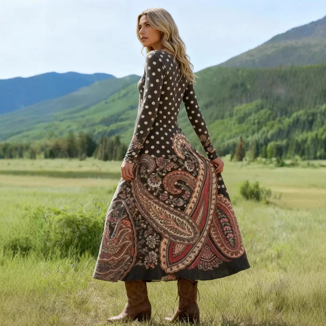 Damen Maxikleid mit Paisley‑ und Polka‑Dot‑Print, langärmeliges A‑Linien‑Jerseykleid Shop Nory