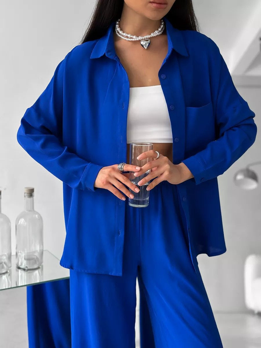 Damen Zweiteiliges Lounge-Set Oversize-Bluse mit Brusttasche und weiter Palazzo-Hose Shop Nory