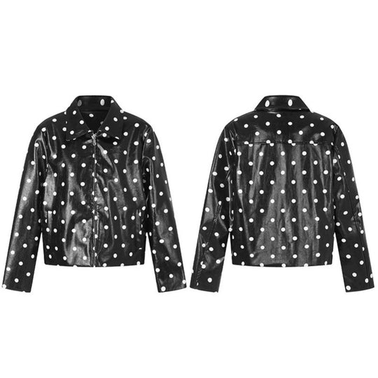 Damen Kurz geschnittene Lack‑Optik Jacke mit Polka‑Dot und Hemdkragen Shop Nory