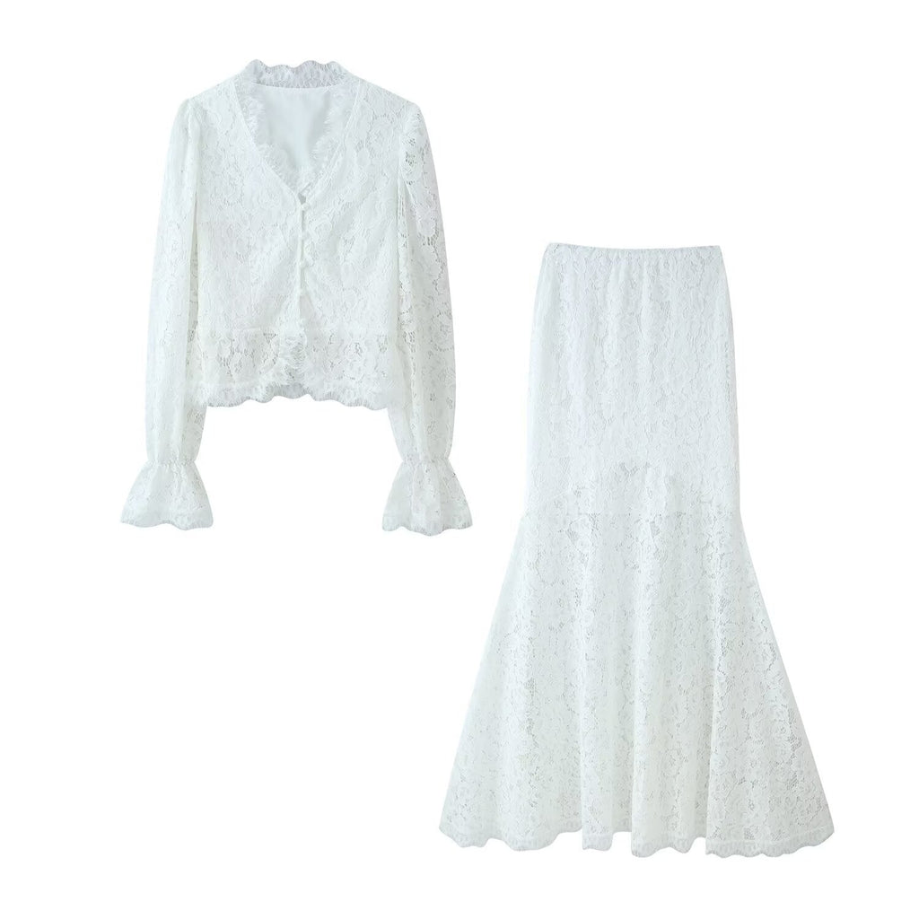 Damen Spitzenblusen- und Rock-Set Shopnory