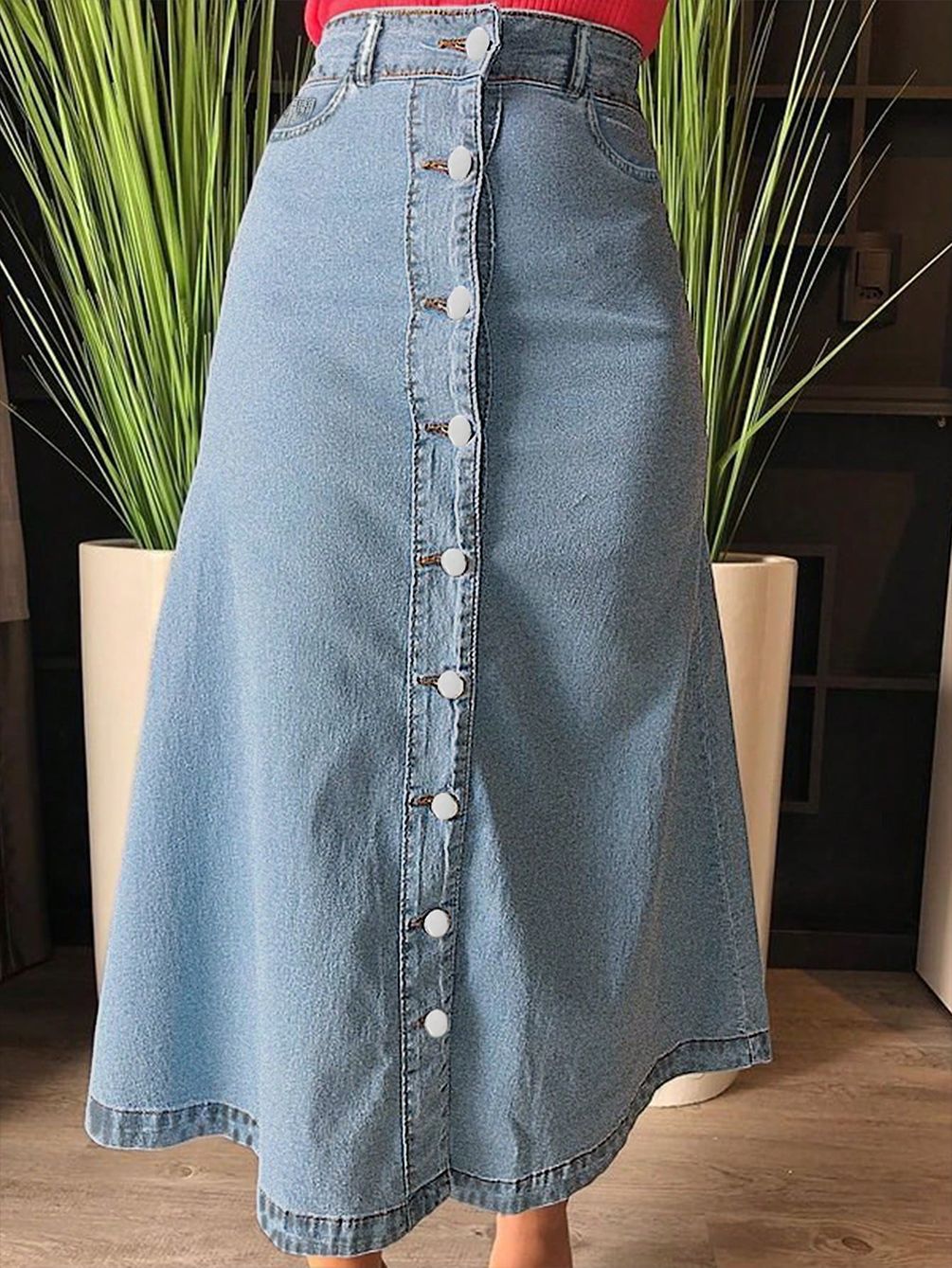 Damen Midirock aus Denim mit durchgehender Knopfleiste und taillenhohem A-Linien-Schnitt Shop Nory