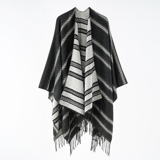 Damen Wollmix-Wickelponcho im Jacquardstreifen mit Fransen Shop Nory