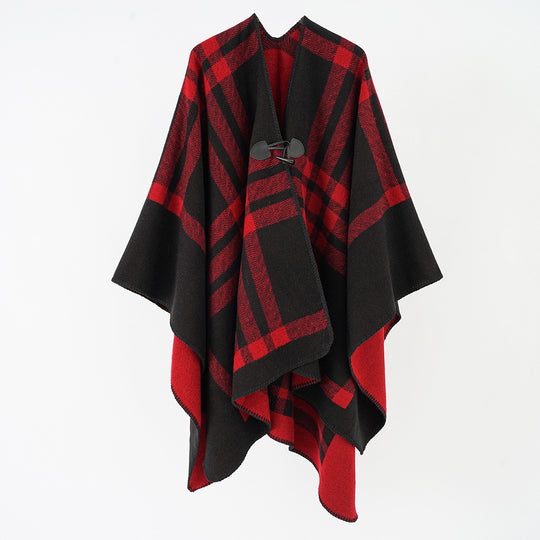 Damen Reversibler Wollmix-Poncho mit Knebelverschluss und Karomuster Shop Nory