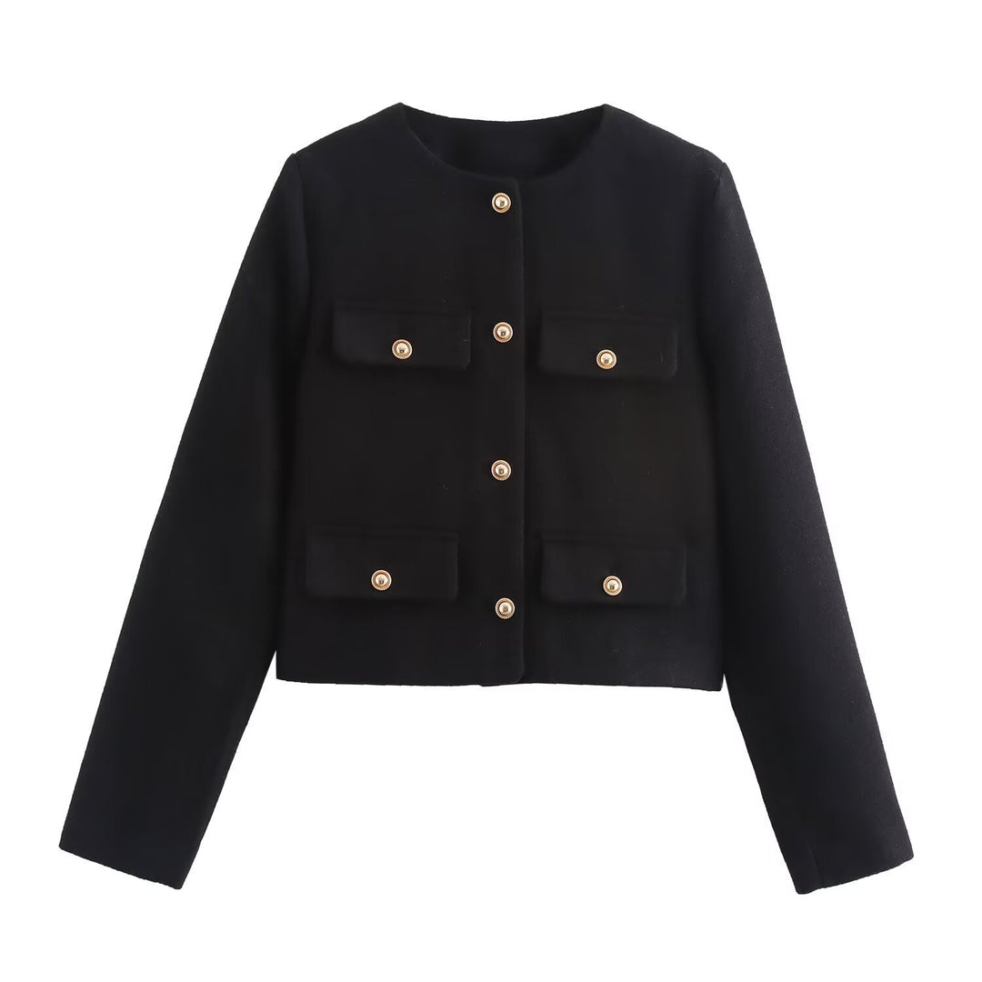 Damen Kurze Bouclé-Blazerjacke mit Rundhalsausschnitt, Zierleistentaschen und goldfarbenen Knöpfen Shop Nory
