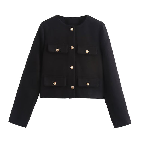 Damen Kurze Bouclé-Blazerjacke mit Rundhalsausschnitt, Zierleistentaschen und goldfarbenen Knöpfen Shop Nory