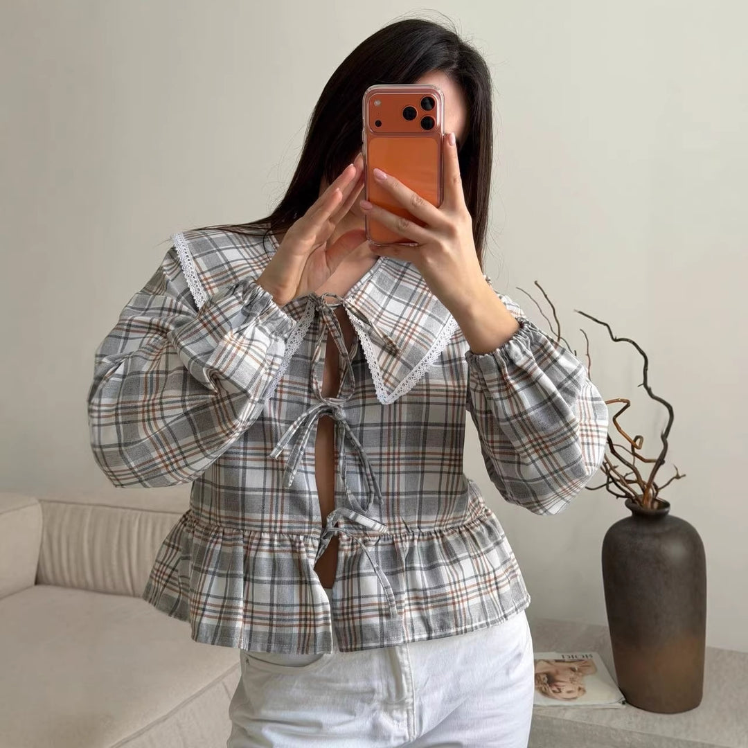 Damen Karierte Rüschenbluse mit übergroßem Spitzenkragen und Bindebändern Shop Nory