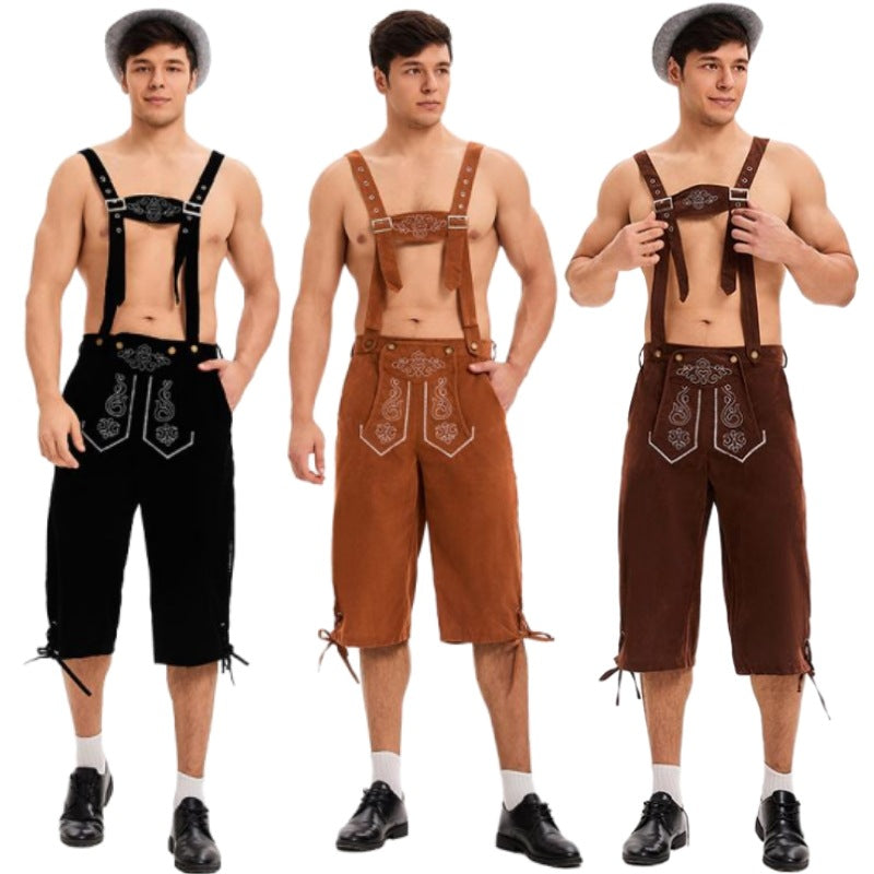 Herren nan knielange traditionelle Lederhose mit besticktem Brustlatz und verstellbaren Trägern Shop Nory