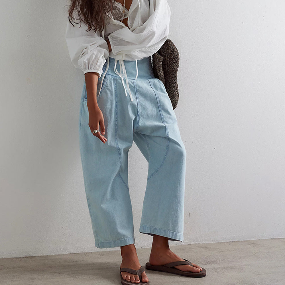 Damen lässige Loose-Fit Jeans mit elastischem Bund und geräumigen Taschen