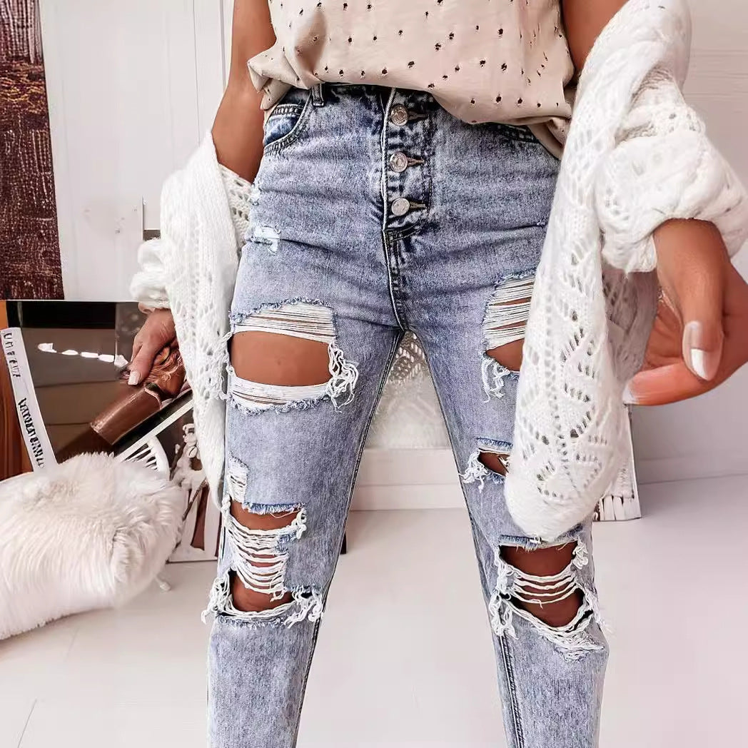 Damen Destroyed Jeans im lässigen Boyfriend-Schnitt mit hohem Bund und Details