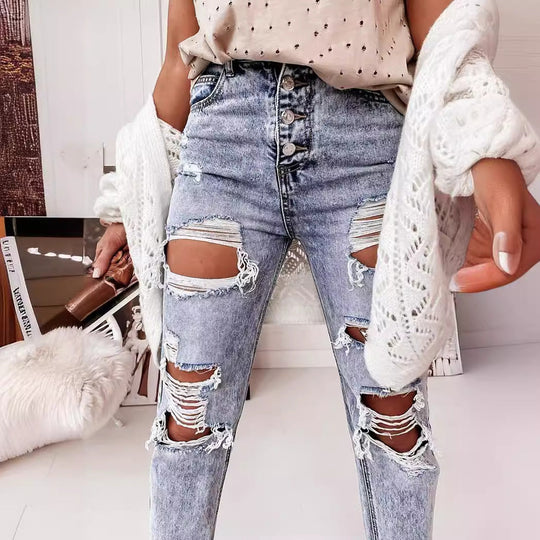 Damen Destroyed Jeans im lässigen Boyfriend-Schnitt mit hohem Bund und Details