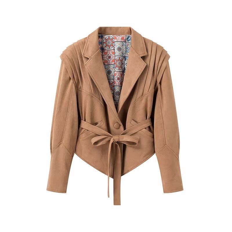 Damen Wildleder‑Wickeljacke mit Taillengürtel und strukturierten Schulterdetails Shop Nory