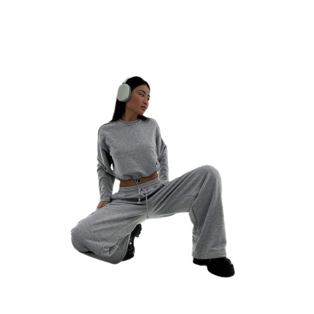 Damen Kurzes Tunnelzug-Sweatshirt mit geripptem Saum und lässiger High‑Waist‑Jogginghose Shop Nory