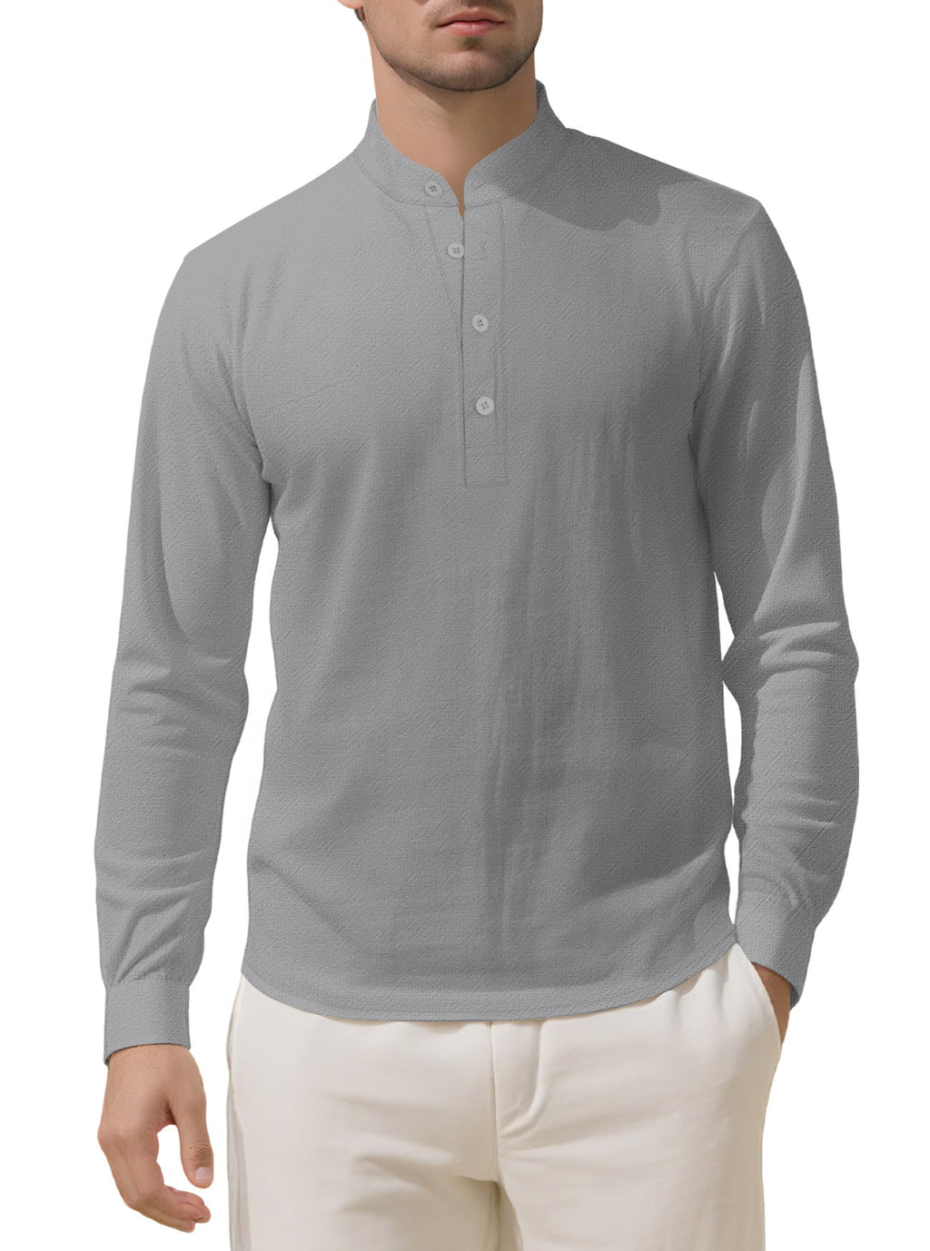 Herren nan Nehru-Kragen-Henley aus Baumwollstretch mit verdeckter Knopfleiste und schmaler Passform