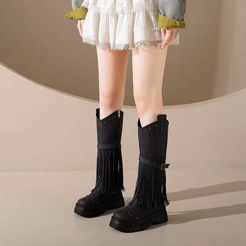 Damen Overknee-Stiefel mit modischem Fransen-Design und robustem Profil