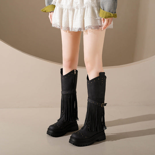 Damen Overknee-Stiefel mit modischem Fransen-Design und robustem Profil