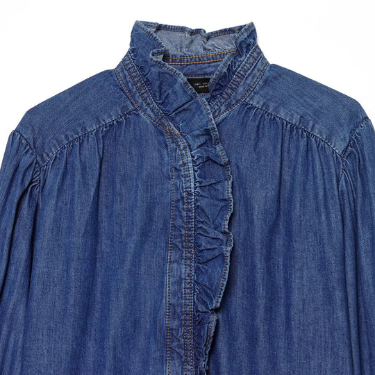 Damen Denim-Bluse mit Rüschenknopfleiste und Stehkragen Shop Nory