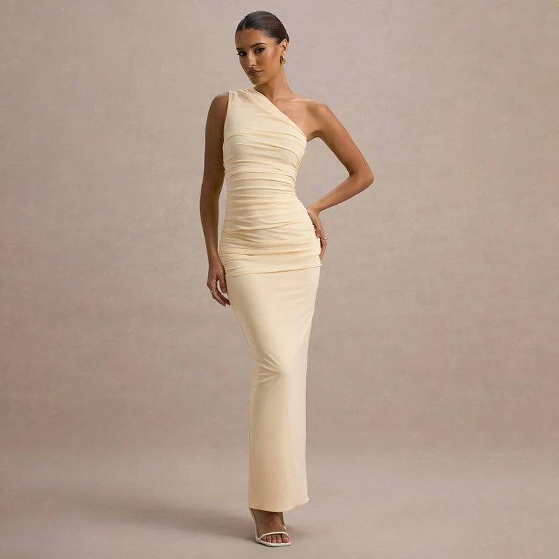 Damen schulterfreies Maxikleid mit Rüschendetails und figurbetonter Silhouette Shopnory