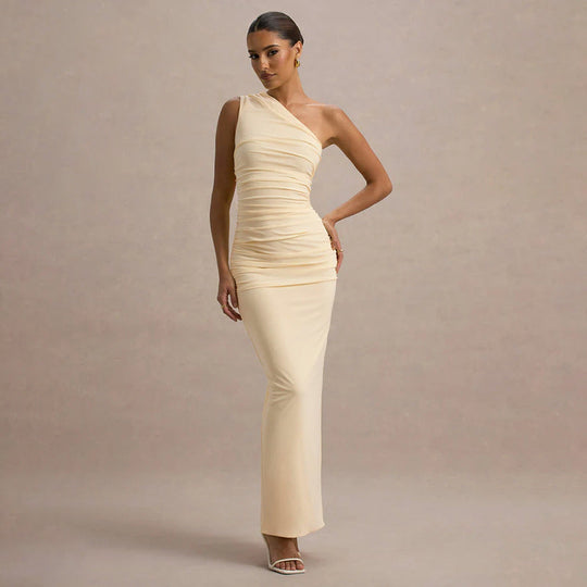 Damen schulterfreies Maxikleid mit Rüschendetails und figurbetonter Silhouette Shopnory