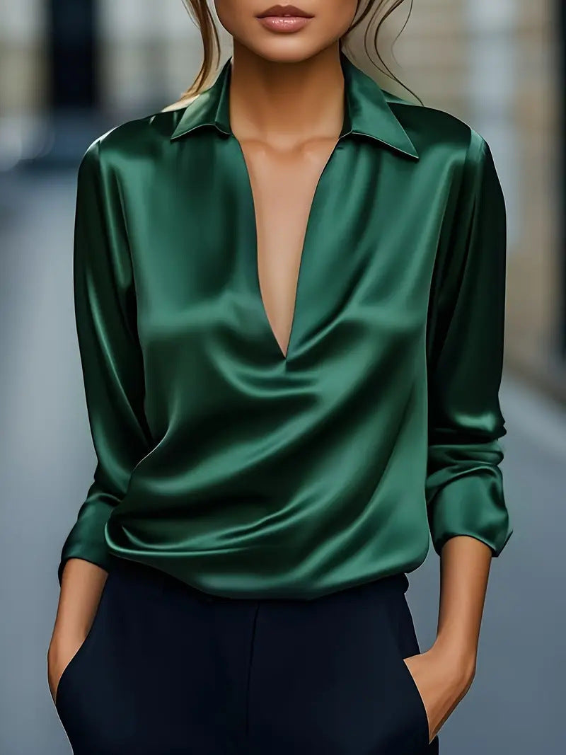 Damen Seidiges Satin-Blusenshirt mit tiefem V‑Ausschnitt und Hemdkragen Shop Nory