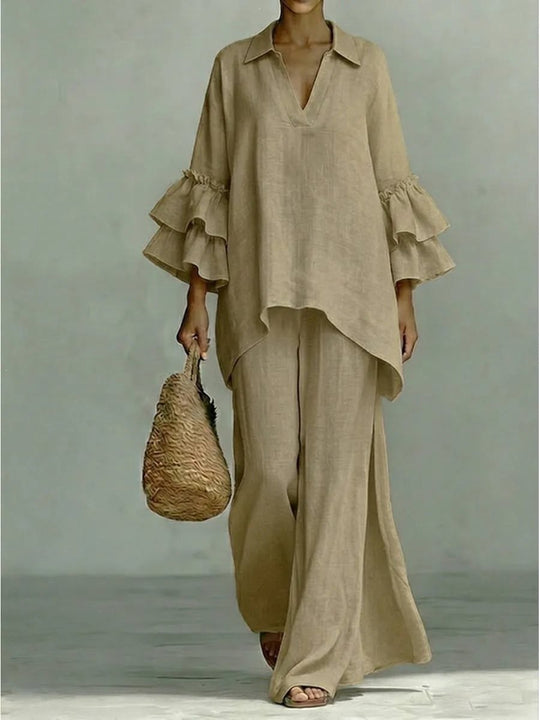 Damen Leinen-Loungewear-Set mit Volantärmeln und weitem Palazzo-Hose Shop Nory