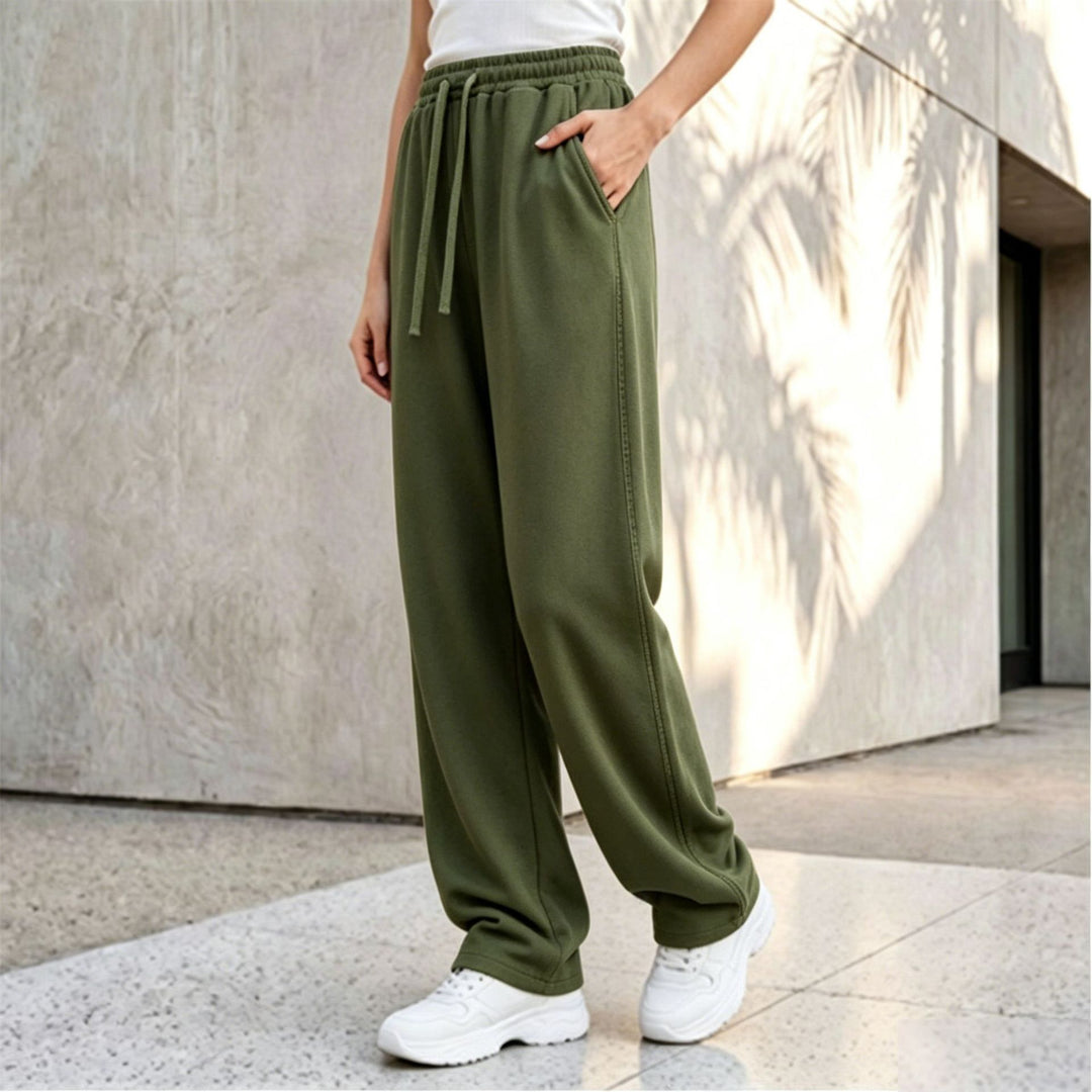 Damen nan weite Loungepalazzo-Hose mit hohem Komfortbund, Kordelzug, seitlichen Eingrifftaschen und dekorativer Seitennaht Shop Nory