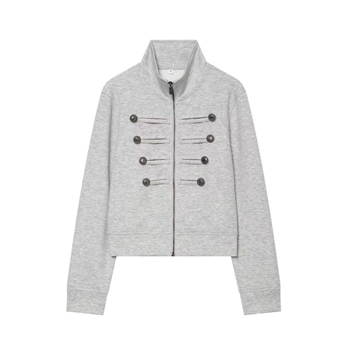Damen Cropped Sweatjacke mit Stehkragen und militärischen Zierknopfreihen Shop Nory