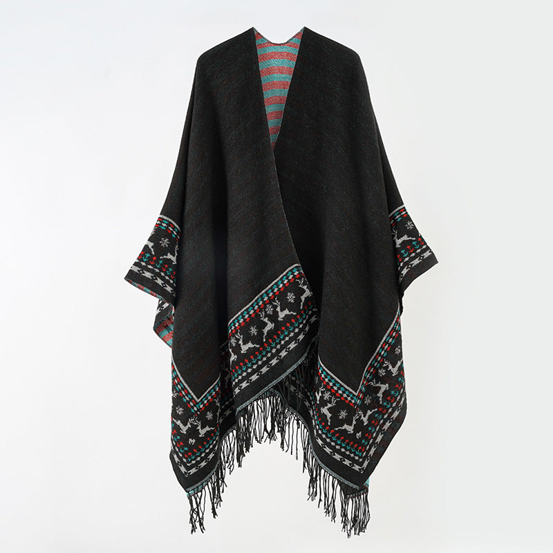 Damen Wollmix-Kimono-Poncho mit Norwegerbordüre und Fransen Shop Nory