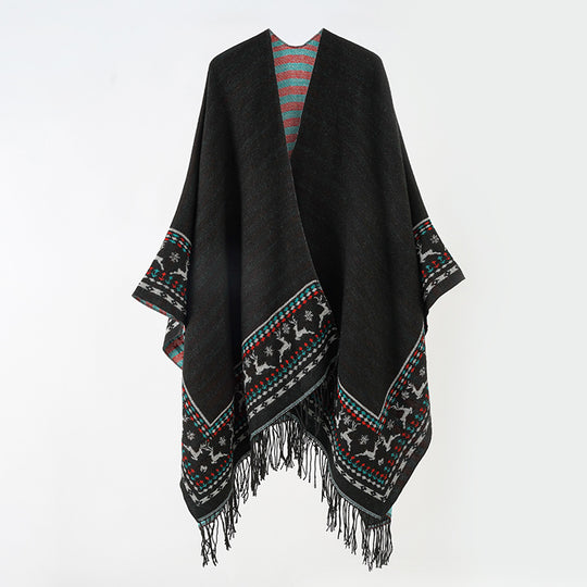 Damen Wollmix-Kimono-Poncho mit Norwegerbordüre und Fransen Shop Nory