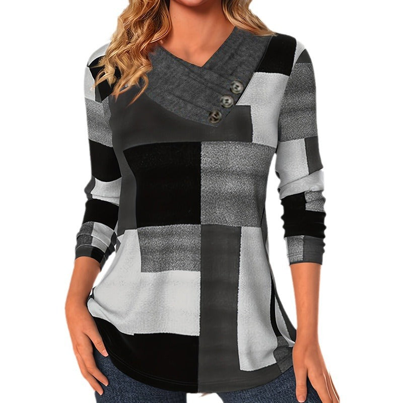 Damen Longsleeve-Tunika mit geometrischem Colorblock und asymmetrischem Knopf-V-Ausschnitt Shop Nory