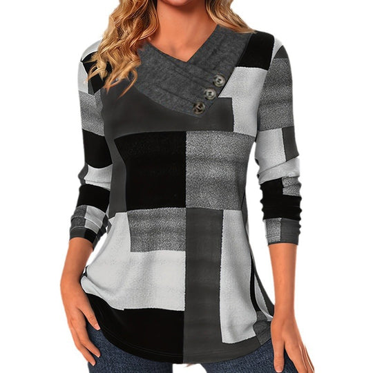 Damen Longsleeve-Tunika mit geometrischem Colorblock und asymmetrischem Knopf-V-Ausschnitt Shop Nory