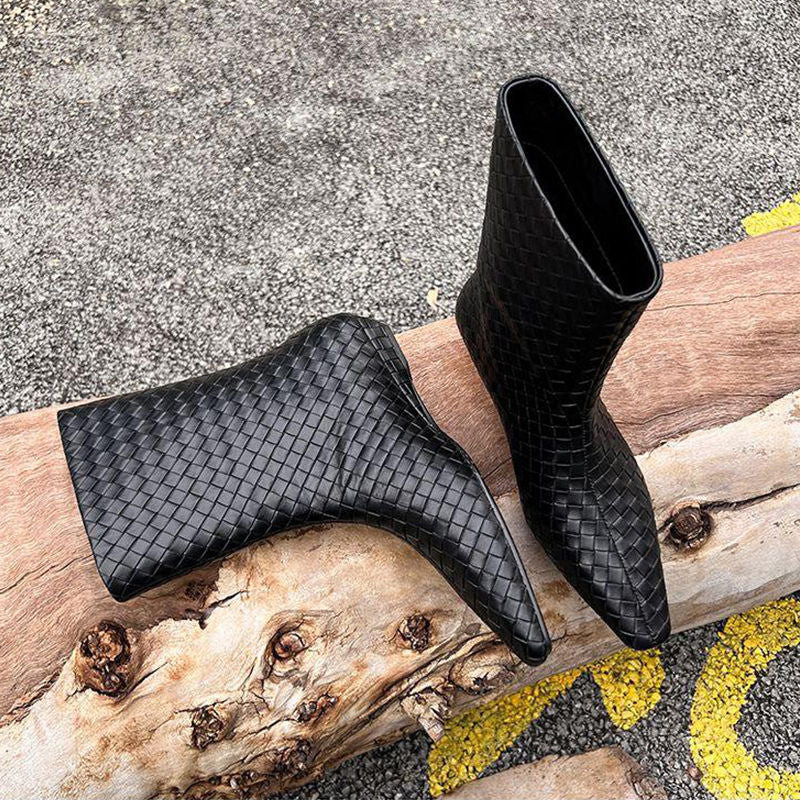 Damen Geflochtene Lederoptik-Midcalf Stiefeletten mit spitzer Zehenform und flachem Absatz Shop Nory