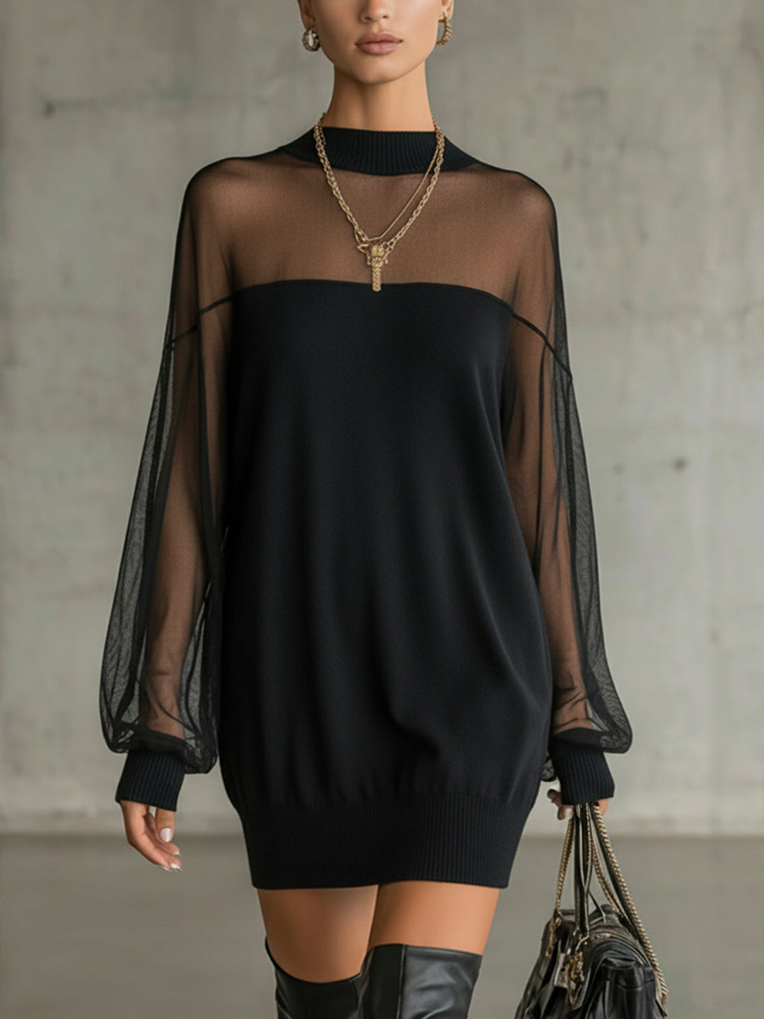 Damen Luftiges Minikleid mit transparenten Ärmelpartien und stylischem Highneck Shopnory