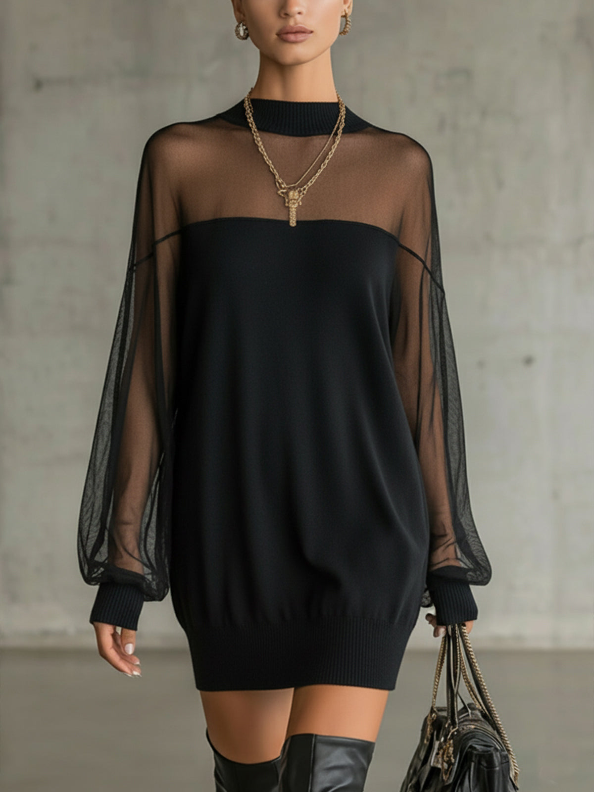 Damen Luftiges Minikleid mit transparenten Ärmelpartien und stylischem Highneck Shopnory