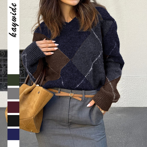 Damen nan oversized Argyle-Strickpullover mit kastigem Schnitt und geripptem Rundhalsausschnitt Shop Nory