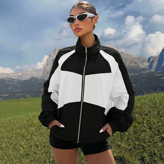 Damen Leichte Windbreaker-Jacke mit Stehkragen, Farbblock-Design und elastischen Bündchen Shop Nory