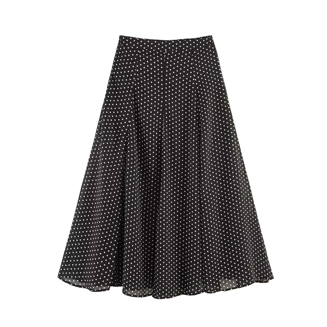 Damen Zweiteiliges Pünktchen-Set mit Stehkragenbluse und ausgestelltem Midirock Shop Nory