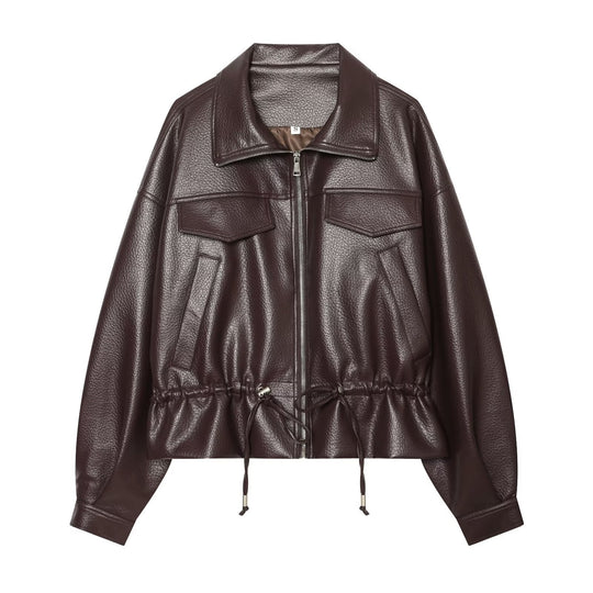 Damen Cropped Kunstlederblouson mit hohem Stehkragen, Pattentaschen und Tunnelzug Shop Nory