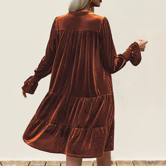 Damen Samt-Stufenkleid mit V-Ausschnitt, gerafften Manschetten und A-Linien-Schnitt Shop Nory